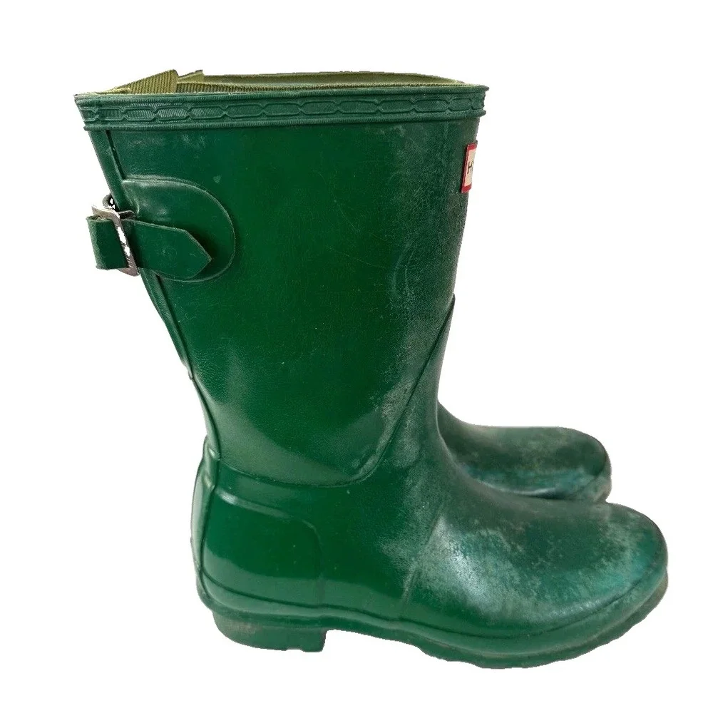 Hunter Womens Original Short Rain Boots 6 Green Adjust Back Waterproof Outdoor